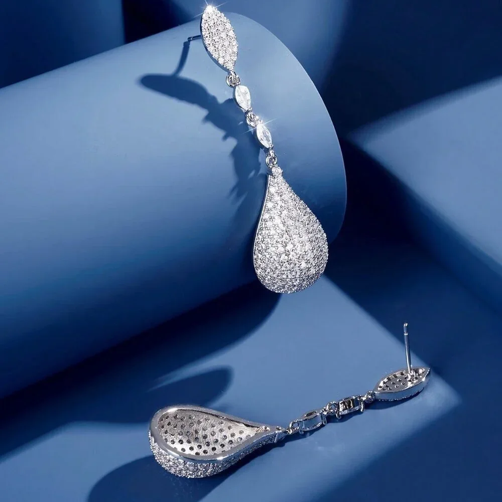 Silver Elegant Women's Cubic Zirconia Gold Plated Pendant Earrings